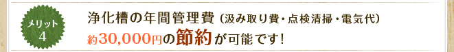 メリット4&nbsp;浄化槽の年間管理費（汲み取り費・点検清掃・電気代）約30,000円の節約が可能です!